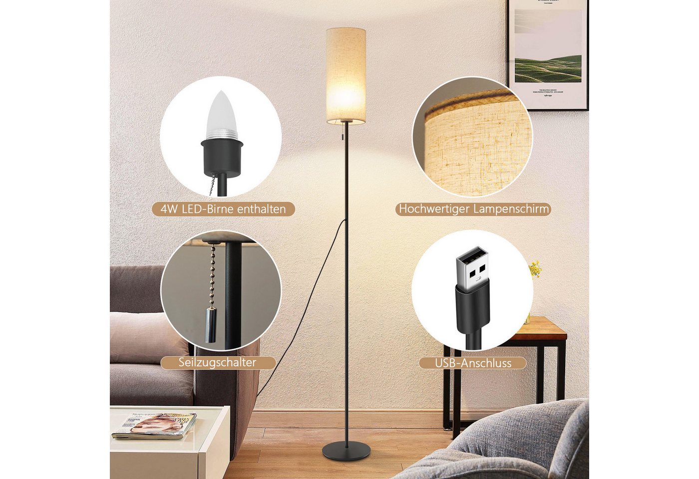 ZMH LED Stehlampe Dimmbar Retro Standleuchte Stoffschirm Wohnzimmer mit Seilzugschalter, Beige Lampenschirm Retro Stoff Leselampe für Schlafzimmer Bild 3