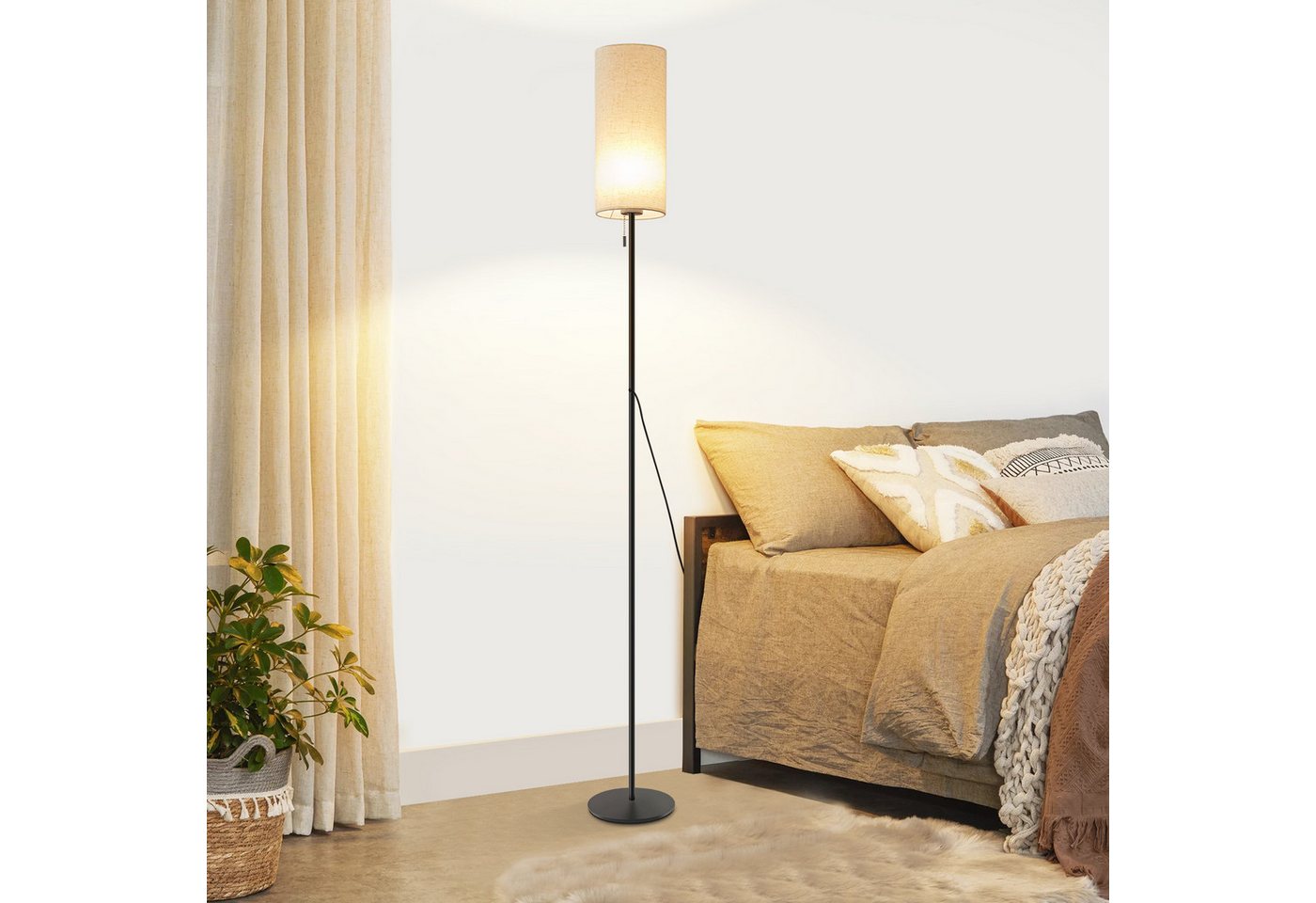 ZMH LED Stehlampe Dimmbar Retro Standleuchte Stoffschirm Wohnzimmer mit Seilzugschalter, Beige Lampenschirm Retro Stoff Leselampe für Schlafzimmer Bild 4