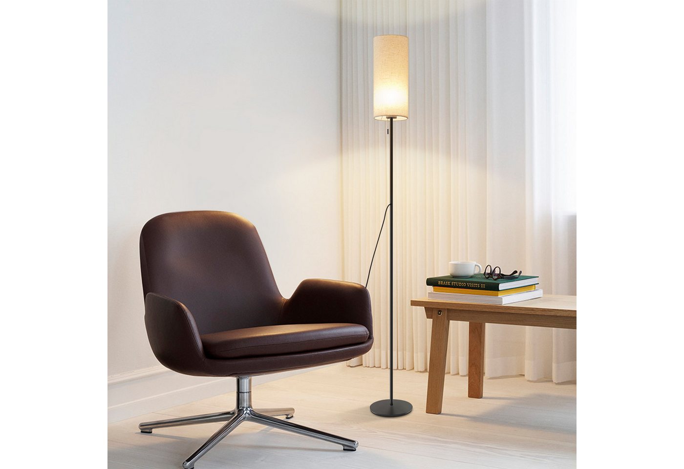 ZMH LED Stehlampe Dimmbar Retro Standleuchte Stoffschirm Wohnzimmer mit Seilzugschalter, Beige Lampenschirm Retro Stoff Leselampe für Schlafzimmer Bild 5