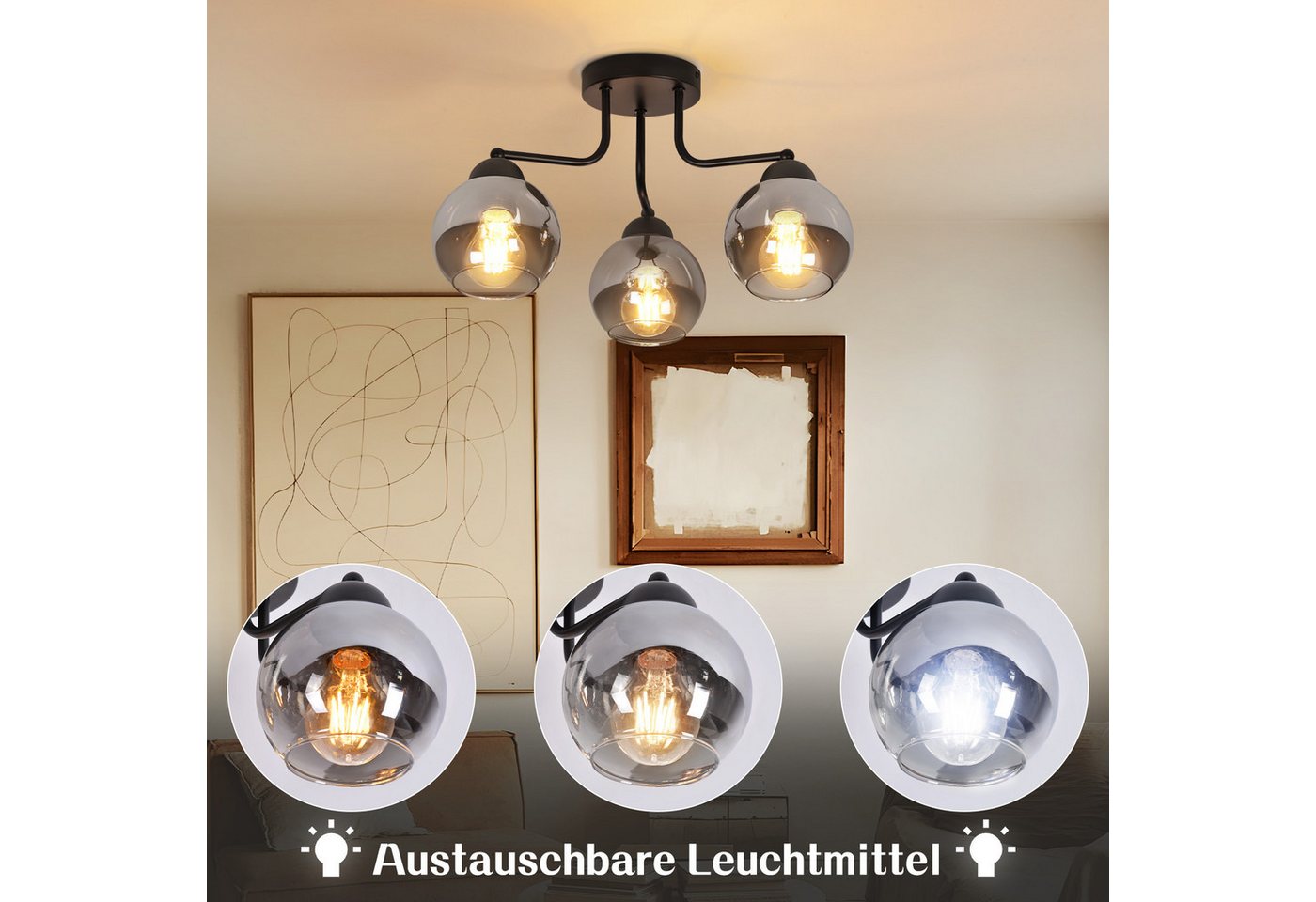 ZMH Deckenleuchte 3/5 flammig E27 Glas Vintage Kugel Flurlampe, ohne Leuchtmittel, schwarz Industrial rund Deckenlampe Bild 4