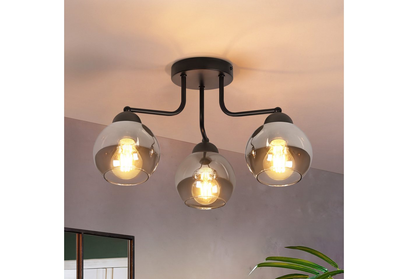 ZMH Deckenleuchte 3/5 flammig E27 Glas Vintage Kugel Flurlampe, ohne Leuchtmittel, schwarz Industrial rund Deckenlampe Bild 5