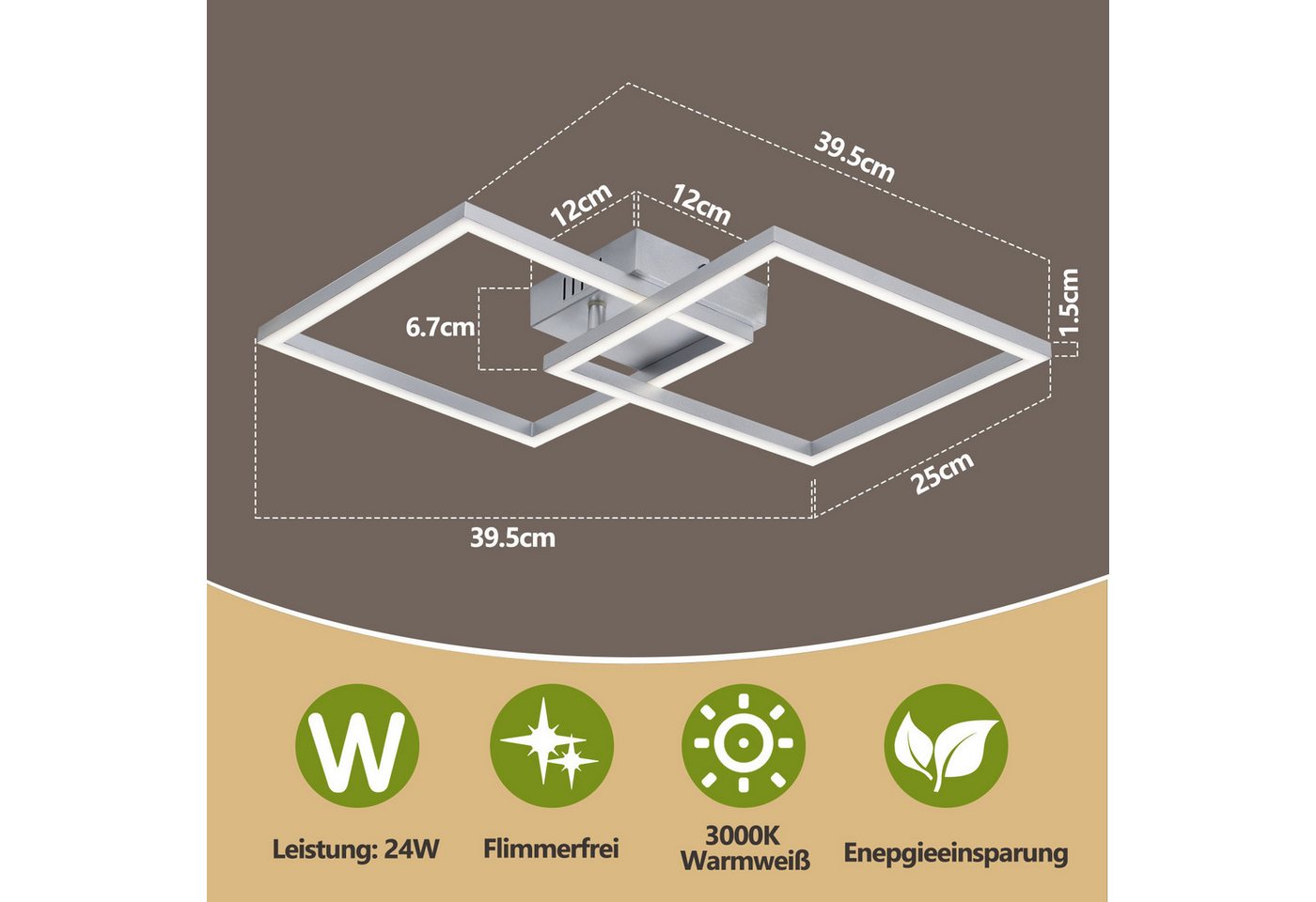 ZMH LED Deckenleuchte 2 überkreuzte Rahmen, 39,5 cm, flach und drehbar, nicht dimmbar, LED fest integriert, Warmweiß, Wohnzimmer Drehbar, 24 W, für Schlafzimmer Flur Küche Bild 3