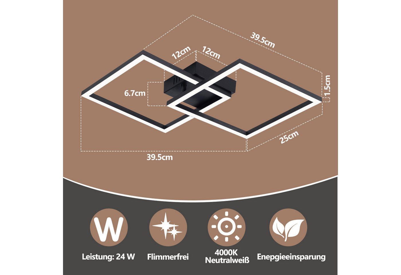 ZMH LED Deckenleuchte 2 überkreuzte Rahmen, 39,5 cm, flach und drehbar, nicht dimmbar, LED fest integriert, Neutralweiß, Wohnzimmer Drehbar, 24 W, für Schlafzimmer Flur Küche Bild 4