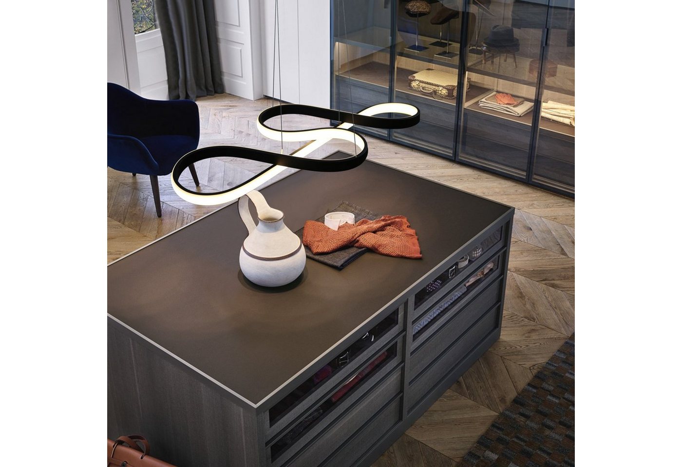 ZMH Pendelleuchte LED Esstisch Schwarz/Weiß Hängeleuchte Modern 47W Dimmbar Esszimmer, LED fest integriert, warmweiß-Kaltweiß, 3000-6500K mit Fernbedienung Pendellampe Wohnzimmer Büro Bild 4