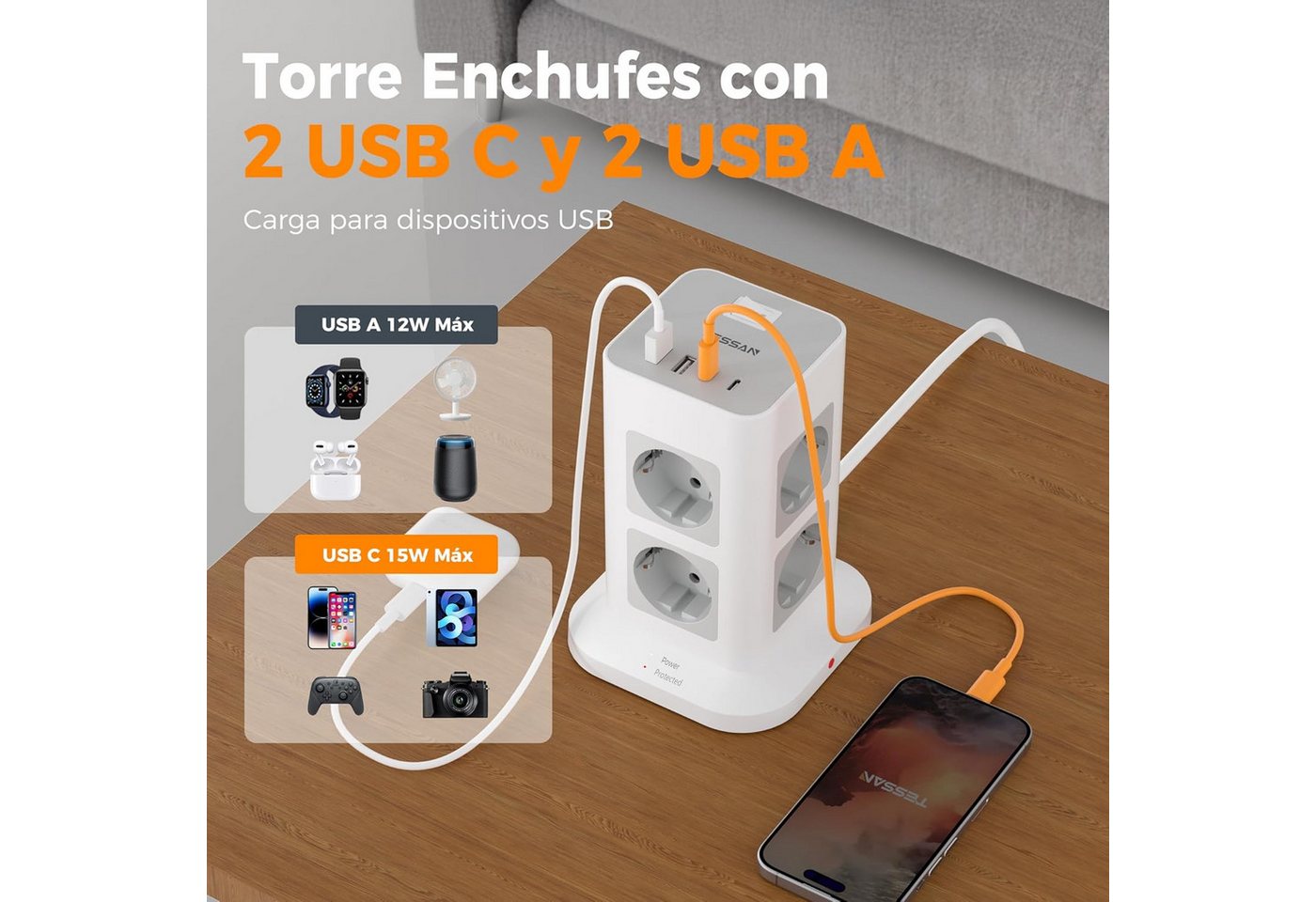 TESSAN 8 Fach Mehrfachsteckdose 4 USB Steckdosenleiste Kabel 2m Mehrfachsteckdose (Ein- / Ausschalter, USB-Anschlüsse, 2M Kabel, Schutzkontaktkupplung, Überspannungsschutz, Kabellänge 2 m), Mehrfachsteckdose, mit Schalter, mit Überspannungsschutz