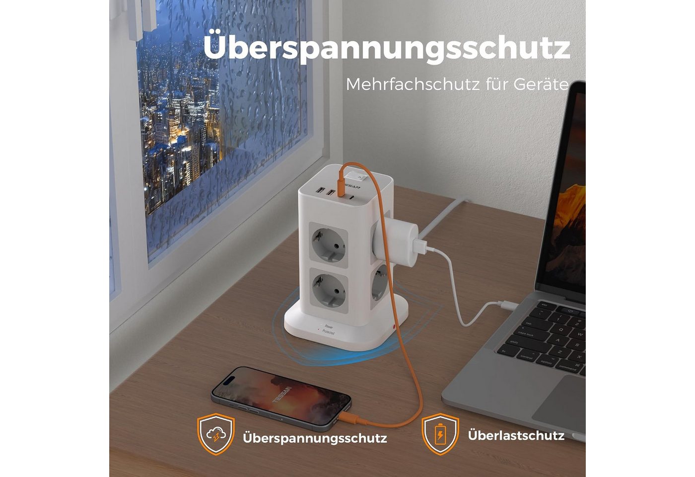 TESSAN 8 Fach Mehrfachsteckdose 4 USB Steckdosenleiste Kabel 2m Mehrfachsteckdose (Ein- / Ausschalter, USB-Anschlüsse, 2M Kabel, Schutzkontaktkupplung, Überspannungsschutz, Kabellänge 2 m), Mehrfachsteckdose, mit Schalter, mit Überspannungsschutz Bild 2