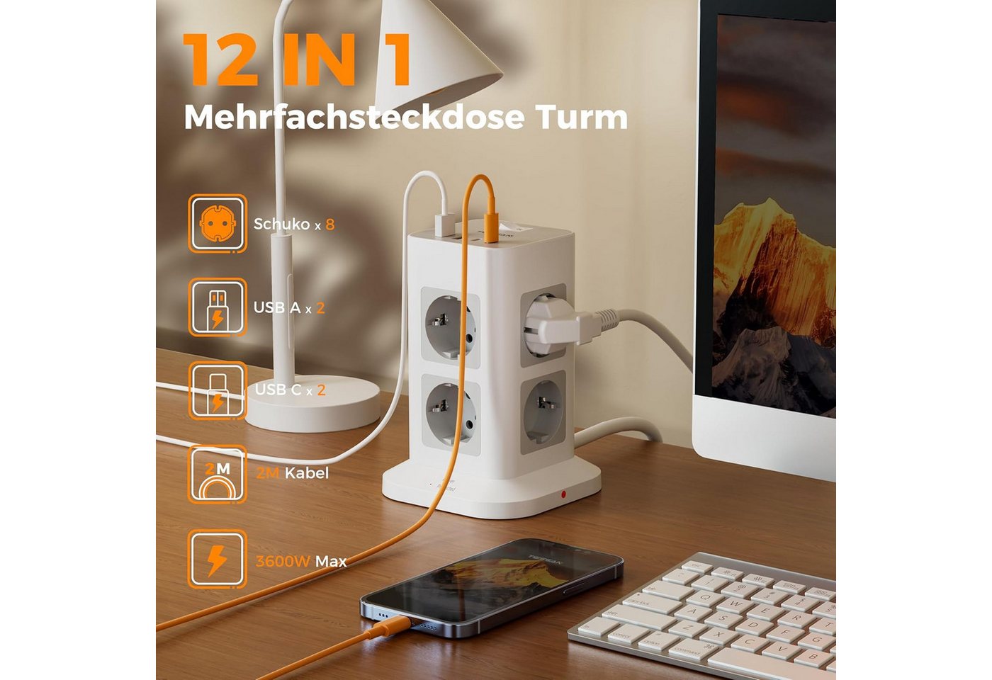 TESSAN 8 Fach Mehrfachsteckdose 4 USB Steckdosenleiste Kabel 2m Mehrfachsteckdose (Ein- / Ausschalter, USB-Anschlüsse, 2M Kabel, Schutzkontaktkupplung, Überspannungsschutz, Kabellänge 2 m), Mehrfachsteckdose, mit Schalter, mit Überspannungsschutz Bild 4