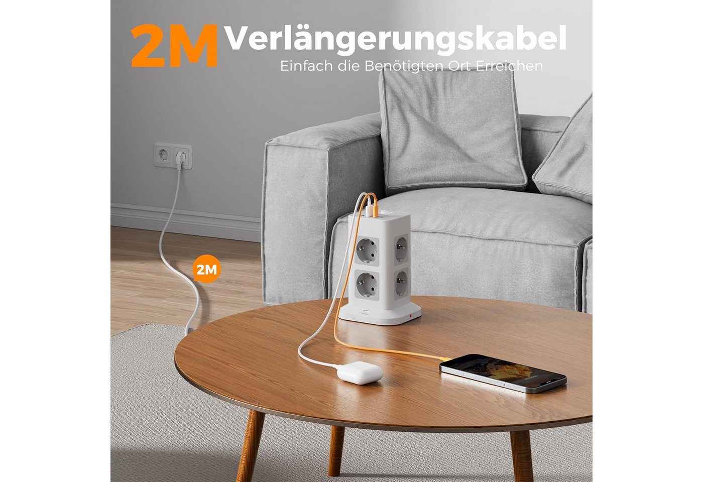 TESSAN 8 Fach Mehrfachsteckdose 4 USB Steckdosenleiste Kabel 2m Mehrfachsteckdose (Ein- / Ausschalter, USB-Anschlüsse, 2M Kabel, Schutzkontaktkupplung, Überspannungsschutz, Kabellänge 2 m), Mehrfachsteckdose, mit Schalter, mit Überspannungsschutz Bild 5