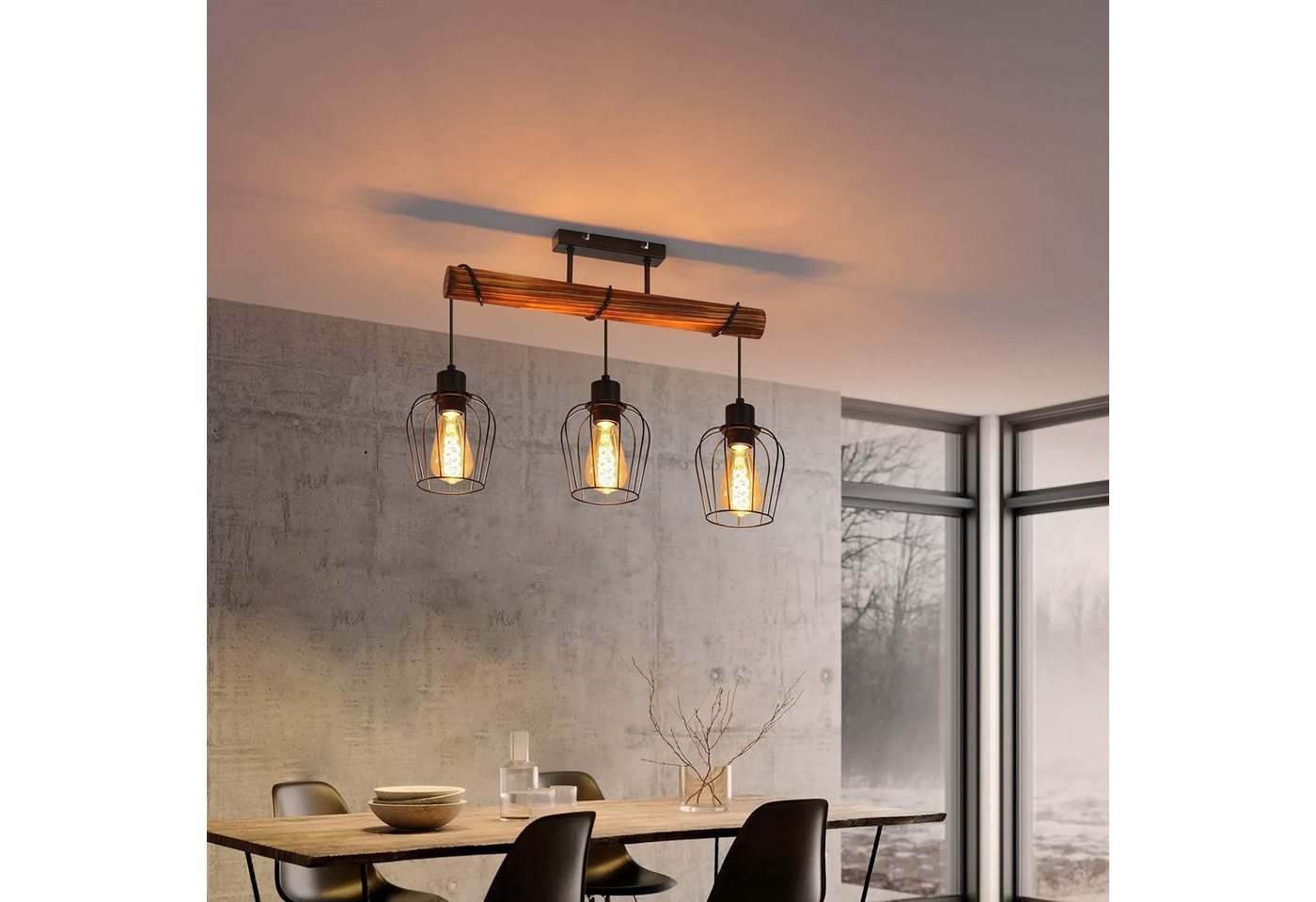 ZMH Deckenleuchte E27 Deckenlampe 2/3/4 Flammig Schwarz-Holz Wohnzimmer Esszimmer, ohne Leuchtmittel, Wohnzimmerlampe mit höhenverstellbaren Strahlern aus Metall Bild 4