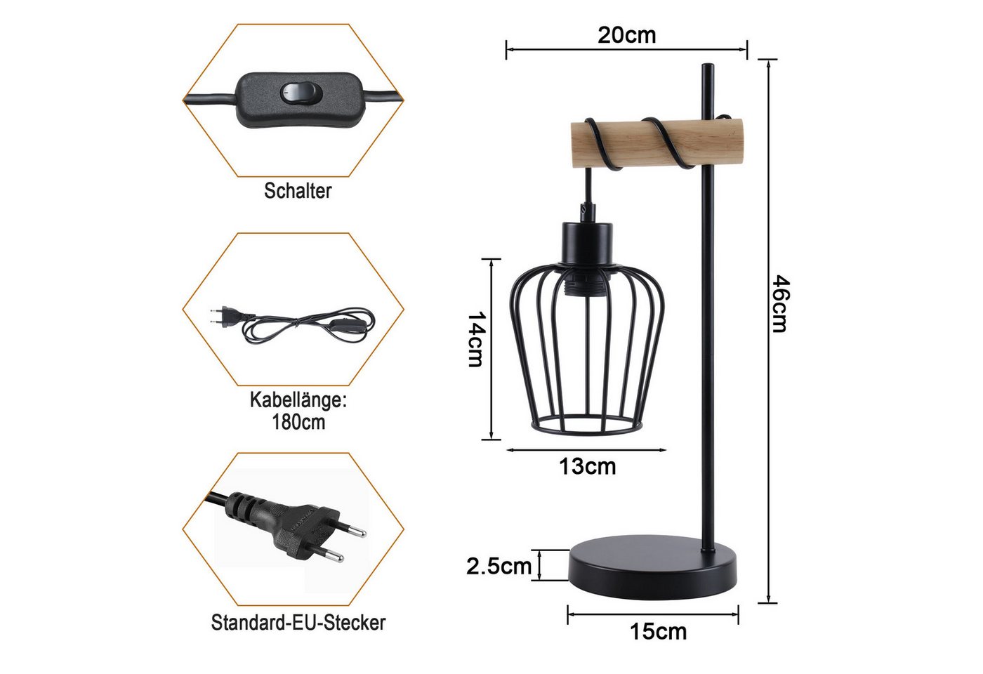 ZMH Tischleuchte Wohnzimmer Retro Schwarz-Holz Nachttischlampe Industrial Design E27, ohne Leuchtmittel, 1 Flammig Vintage Tischleuchte im Industrial Design aus Metall Esstich