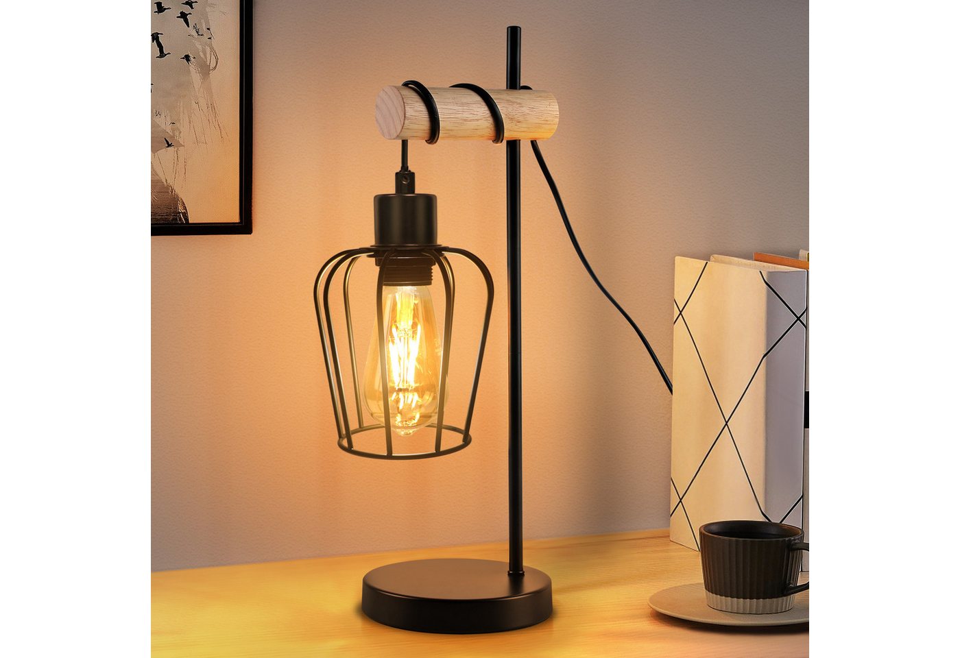 ZMH Tischleuchte Wohnzimmer Retro Schwarz-Holz Nachttischlampe Industrial Design E27, ohne Leuchtmittel, 1 Flammig Vintage Tischleuchte im Industrial Design aus Metall Esstich Bild 2