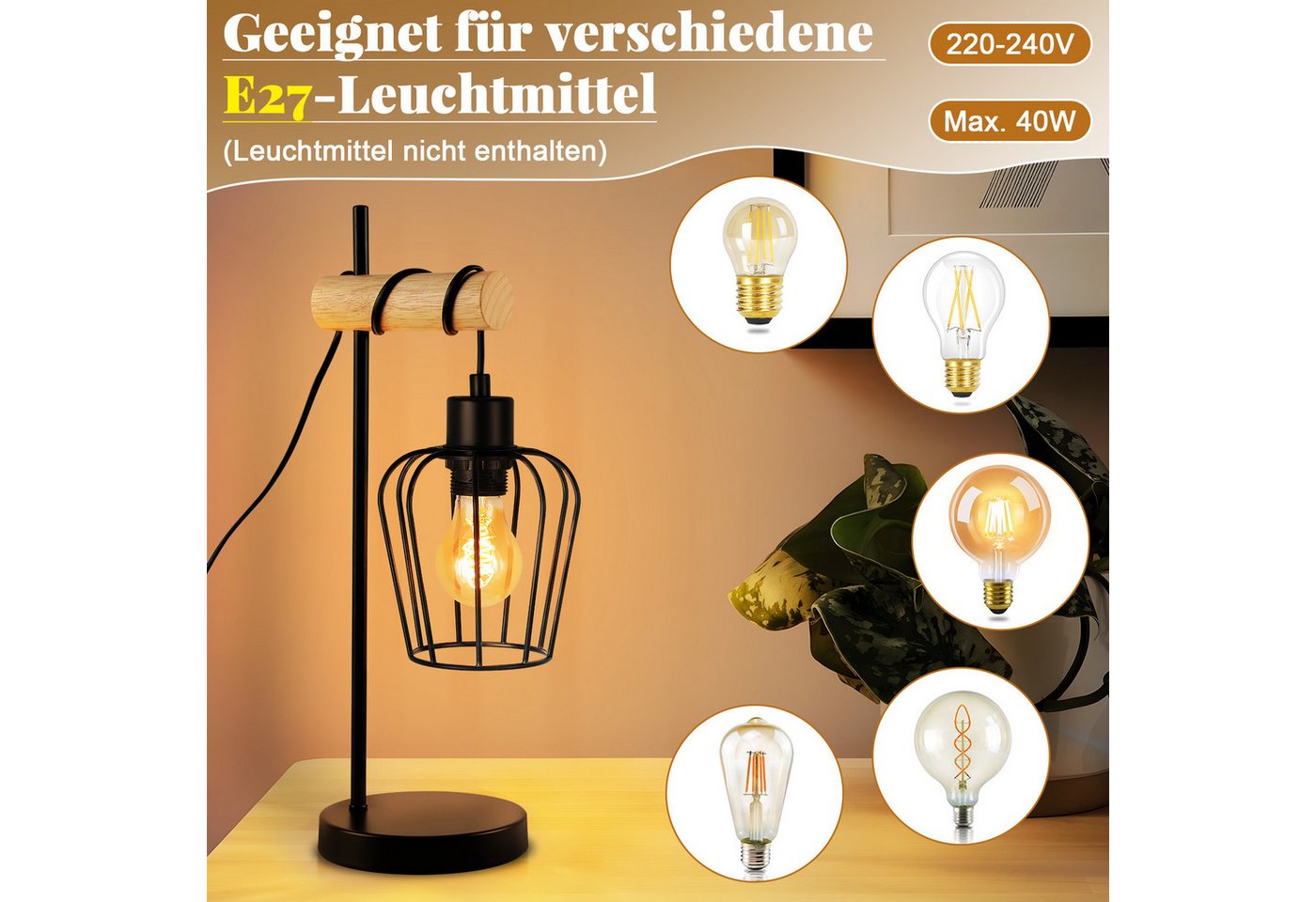 ZMH Tischleuchte Wohnzimmer Retro Schwarz-Holz Nachttischlampe Industrial Design E27, ohne Leuchtmittel, 1 Flammig Vintage Tischleuchte im Industrial Design aus Metall Esstich Bild 4