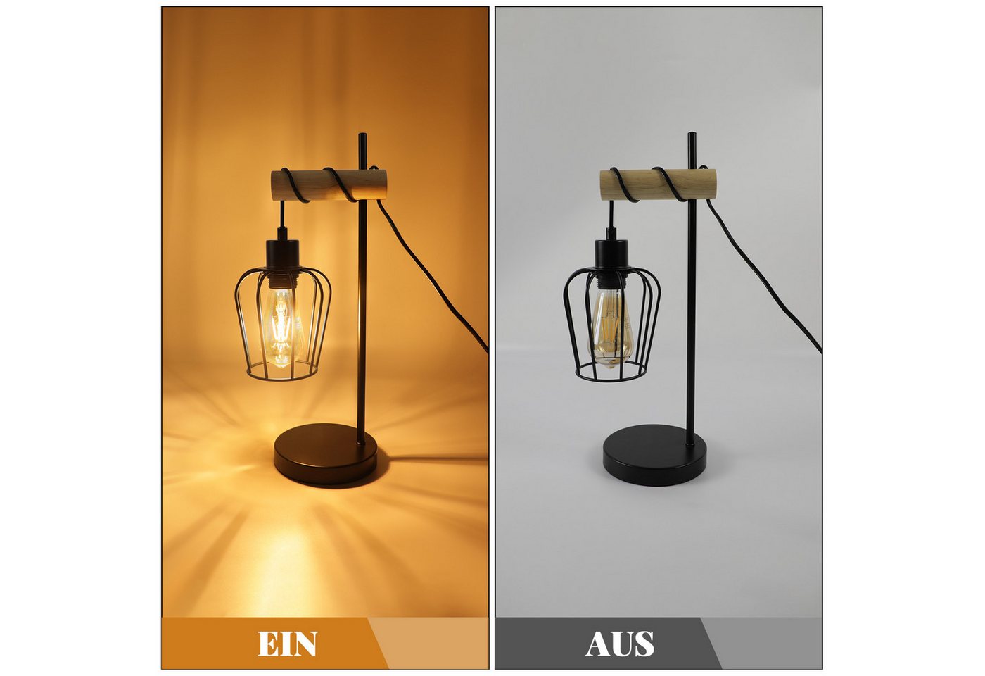 ZMH Tischleuchte Wohnzimmer Retro Schwarz-Holz Nachttischlampe Industrial Design E27, ohne Leuchtmittel, 1 Flammig Vintage Tischleuchte im Industrial Design aus Metall Esstich Bild 5
