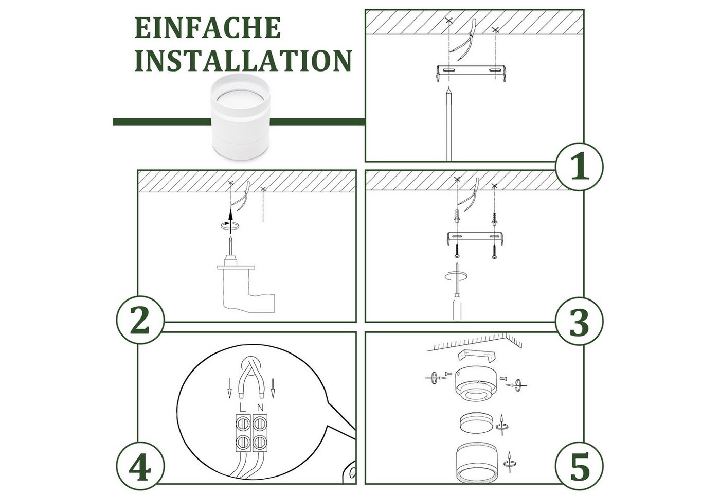 ZMH LED Deckenstrahler Weiß Rund 3000K 5W GX53 Deckenlampe Acryl Wohnzimmer 2-er Set, LED fest integriert, Warmweiß, 3000K Rund Aufbaustrahler Acryl für Flur Wohnzimmer Bild 4