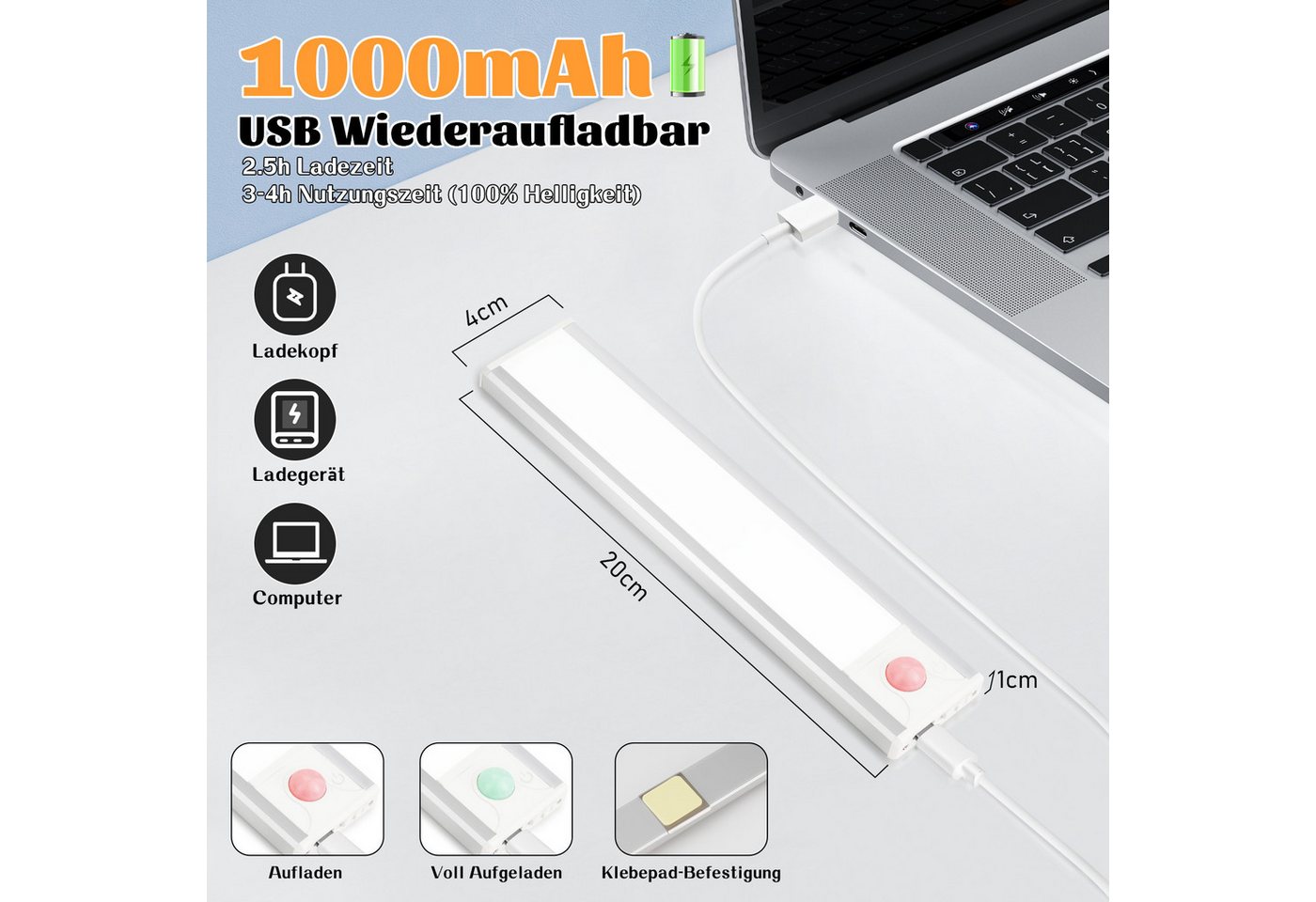 ZMH LED Unterbauleuchte mit Bewegungsmelder Aufladbar Schranklicht USB 1500mAh Flur Cabinet, LED fest integriert, 3000-6500K, 20CM Dimmbar 3 Farbtemperatur Schrankleuchte Schlafzimmer Bild 4