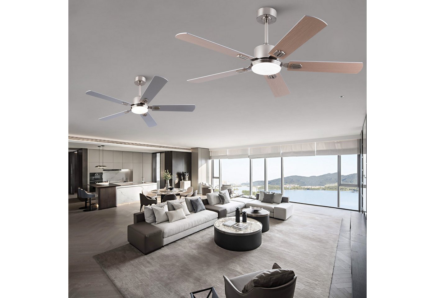 Rolipo Deckenventilator LED-Licht 3 Farben/Fernbedienung, Leiser DC-Motor Deckenventilator, 52 Zoll (Sommer/Winter), 6 Stufen, 2 Deckenstangen
