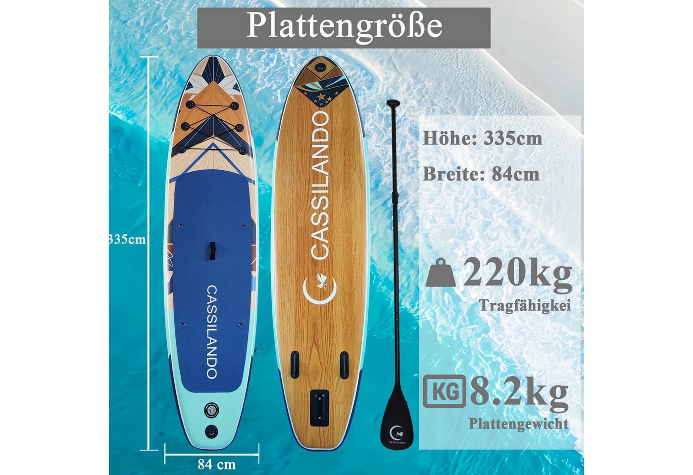 CASSILANDO SUP-Board Aufblasbares SUP-Board 335 x 84 cm mit 220 kg Belastbarkeit, (Set, Hand pumpe, Verstellbares Paddel, Sicherheitsgurt, Reparatursatz, Rucksack), Pumpe