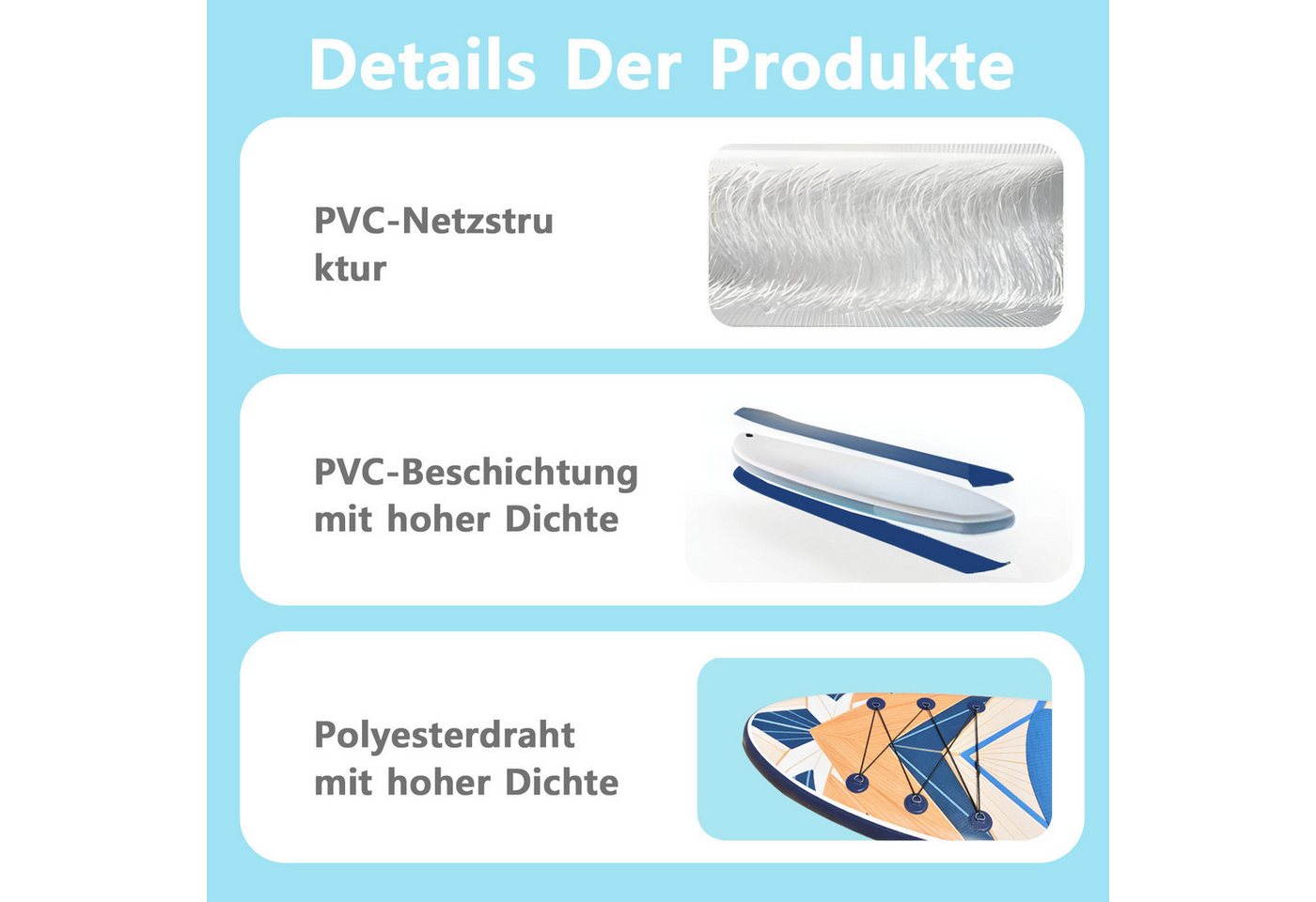 CASSILANDO SUP-Board Aufblasbares SUP-Board 335 x 84 cm mit 220 kg Belastbarkeit, (Set, Hand pumpe, Verstellbares Paddel, Sicherheitsgurt, Reparatursatz, Rucksack), Pumpe Bild 3
