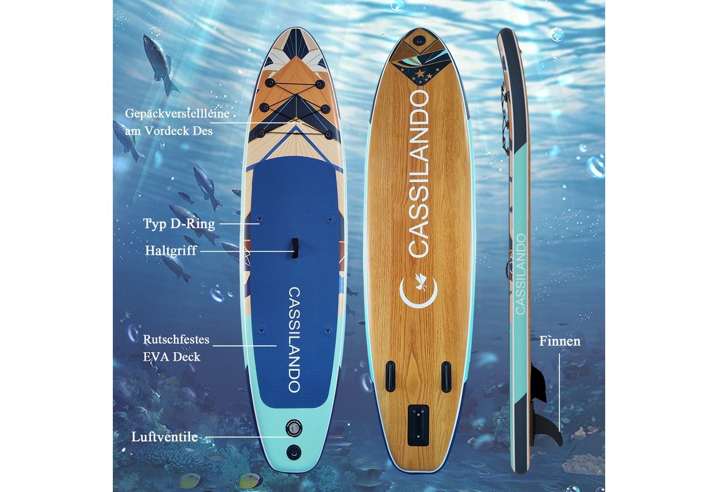 CASSILANDO SUP-Board Aufblasbares SUP-Board 335 x 84 cm mit 220 kg Belastbarkeit, (Set, Hand pumpe, Verstellbares Paddel, Sicherheitsgurt, Reparatursatz, Rucksack), Pumpe Bild 4
