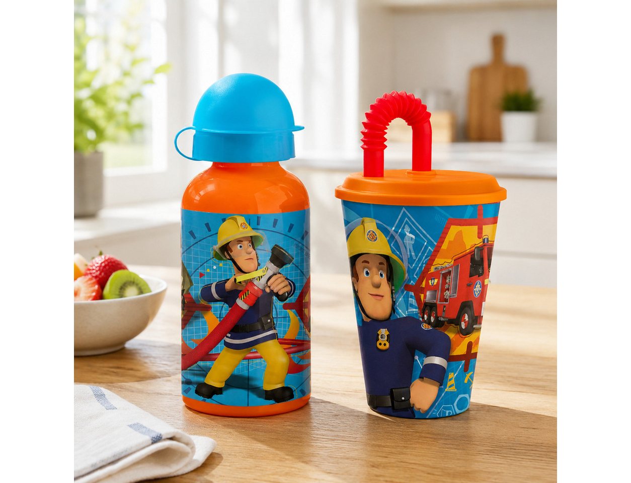 Feuerwehrmann Sam Trinkflasche Feuerwehrmann Sam 2 tlg. Set Kinder Sport Aluminium Flasche Becher Bild 4