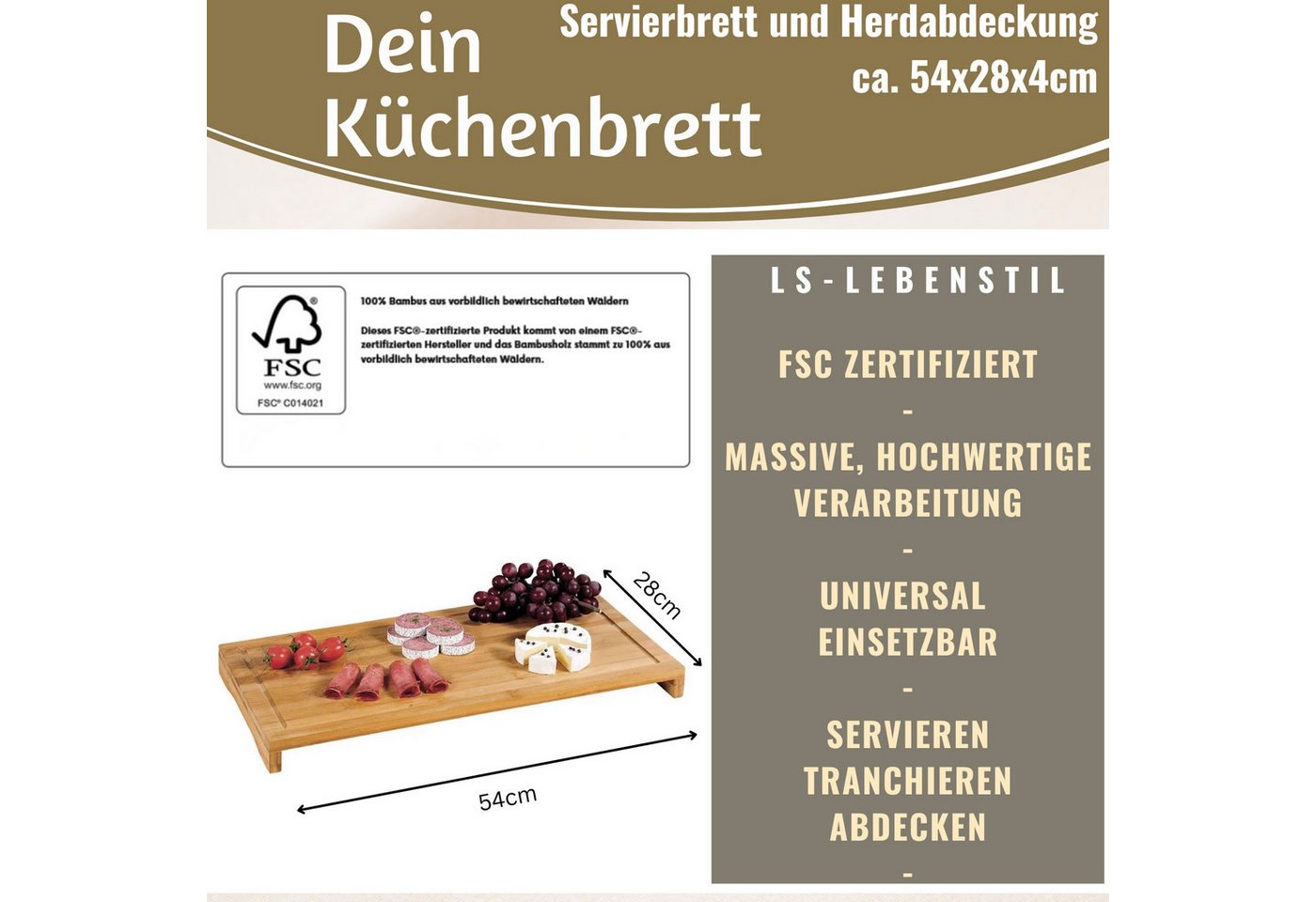 LS-LebenStil Schneide- und Abdeckplatte XL Holz Schneidebrett Herdabdeckplatte 54x28cm FSC Bambus Küchenbrett, Holz, (Tranchierbrett mit Saftrinne, Küchenbrett Holzbrett Servierbrett, 1 tlg., Kochfeld Ceranfeld Herdabdeckung), Schneideplatte Vesperbrett Tapas, FSC zertifiziert Bild 3