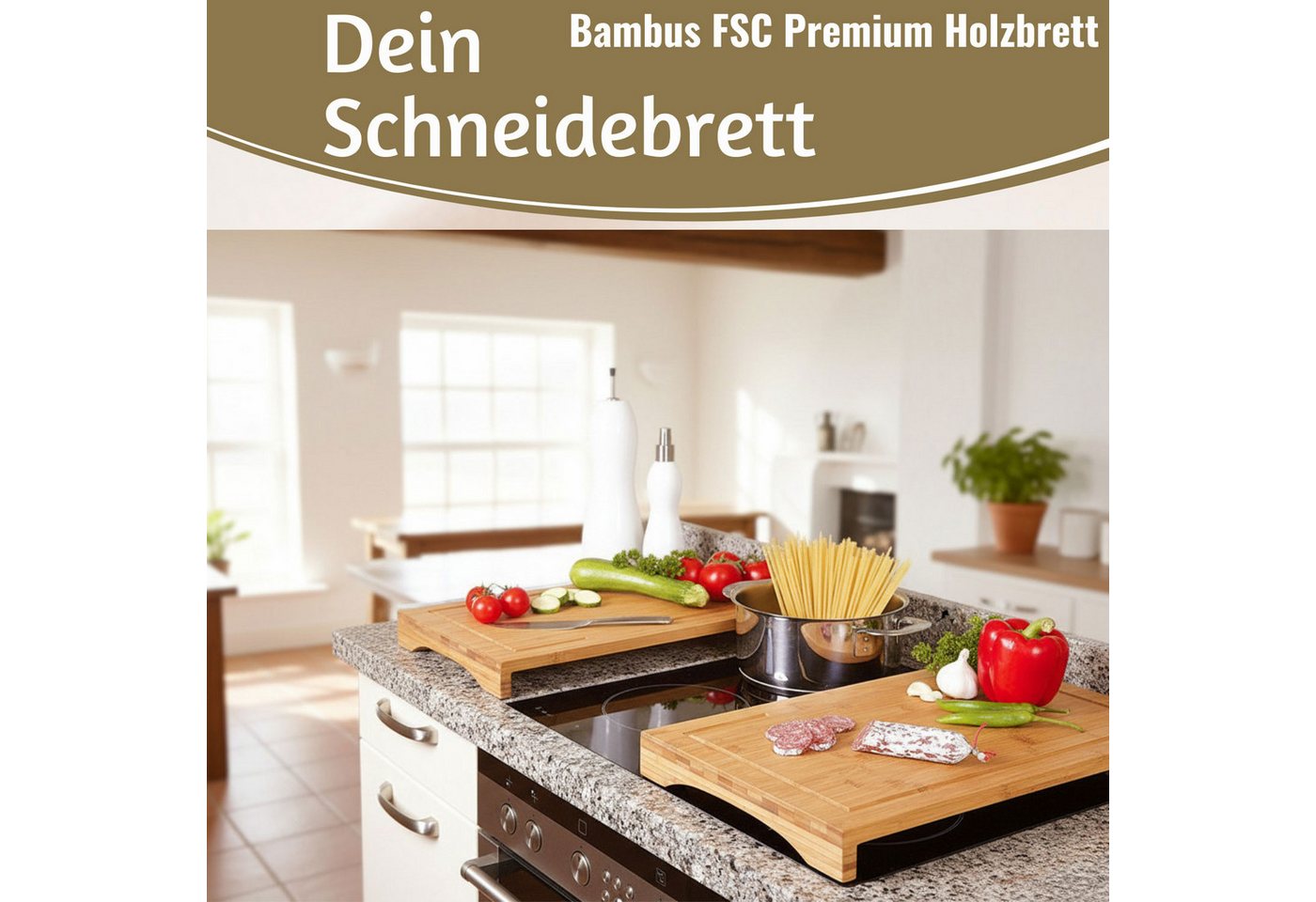 LS-LebenStil Schneide- und Abdeckplatte XL Holz Schneidebrett Herdabdeckplatte 54x28cm FSC Bambus Küchenbrett, Holz, (Tranchierbrett mit Saftrinne, Küchenbrett Holzbrett Servierbrett, 1 tlg., Kochfeld Ceranfeld Herdabdeckung), Schneideplatte Vesperbrett Tapas, FSC zertifiziert Bild 5