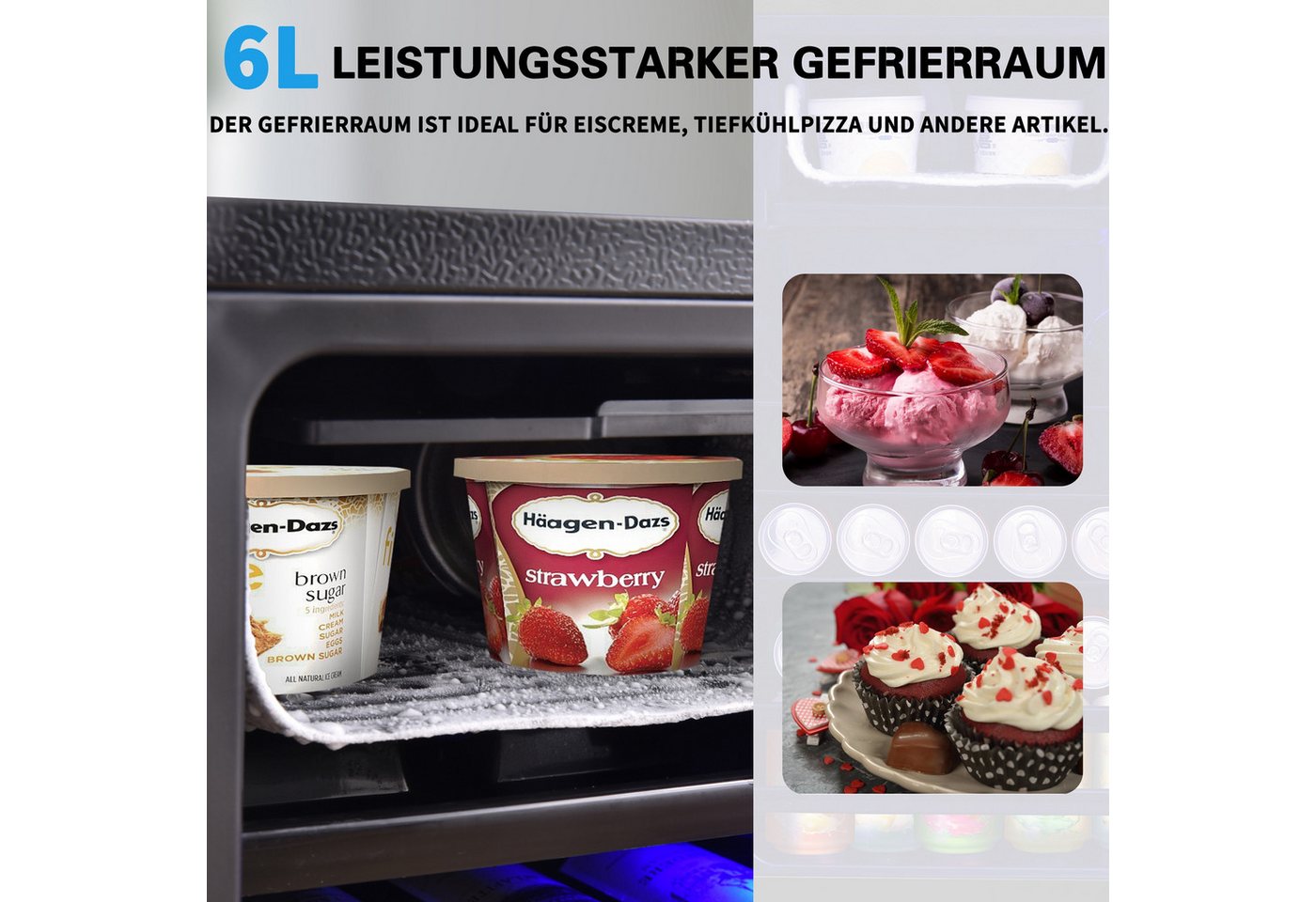 Rolipo Getränkekühlschrank 76L Kühlschrank mit Gefrierfach (6L+70L), 43dB 83 kWh/Jahr SC-76A, 71,6 cm hoch, 40 cm breit, 40×43,5×71,6cm, LED, verstellbare Glasböden, freistehend