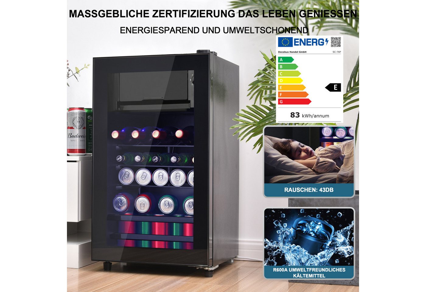 Rolipo Getränkekühlschrank 76L Kühlschrank mit Gefrierfach (6L+70L), 43dB 83 kWh/Jahr SC-76A, 71,6 cm hoch, 40 cm breit, 40×43,5×71,6cm, LED, verstellbare Glasböden, freistehend Bild 5