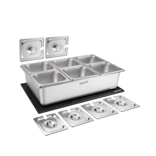 VEVOR Zutatenbehälter für die Arbeitsplatte, Beilagenbehälter mit 6 x 1/6-Edelstahlbehältern, Gewürzspender mit Separatem Deckel, Servierbehälter-Set für Buffets, Restaurants, Hotels und Partys
