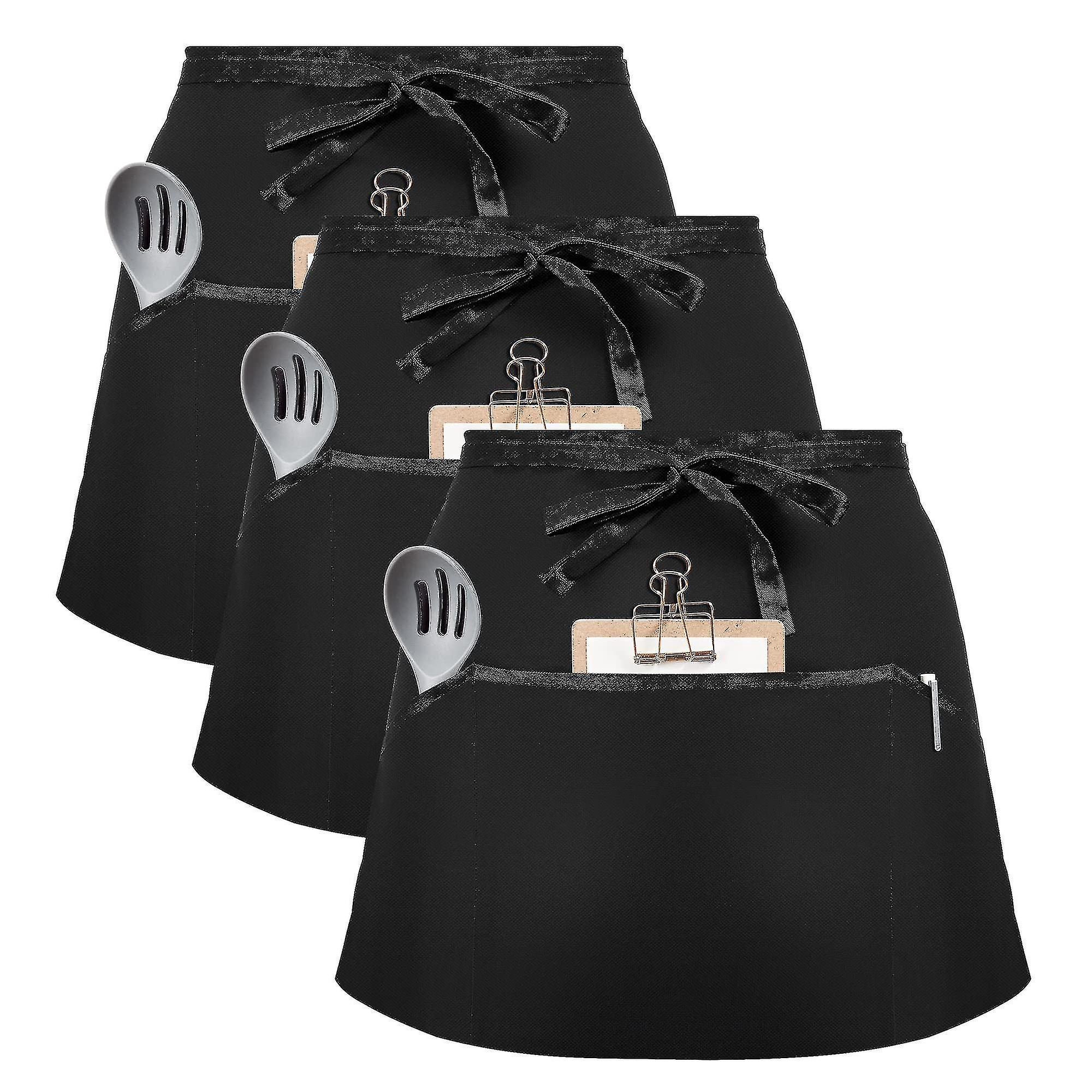 Set Aus 3 Schwarzen Kellner-/kellnerinnenschürzen Mit 2 Taschen, Halbschürze Für Bistro, Restaurant Und Gartenarbeit (herren)