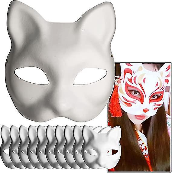 Weiße Katzenkopfmasken Aus Papier - Packung Mit 10 Handbemalten, Unbemalten Pappmaché-masken, Individuelles Design, Perfekt Für Halloween Und Cosplay.