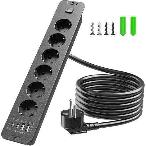 Unterputz-steckdosenleiste, 6 Steckdosen, Schalter, 20-w-usb-c-pd-anschlüsse, 2 M Kabel, Für Küche Und Büro