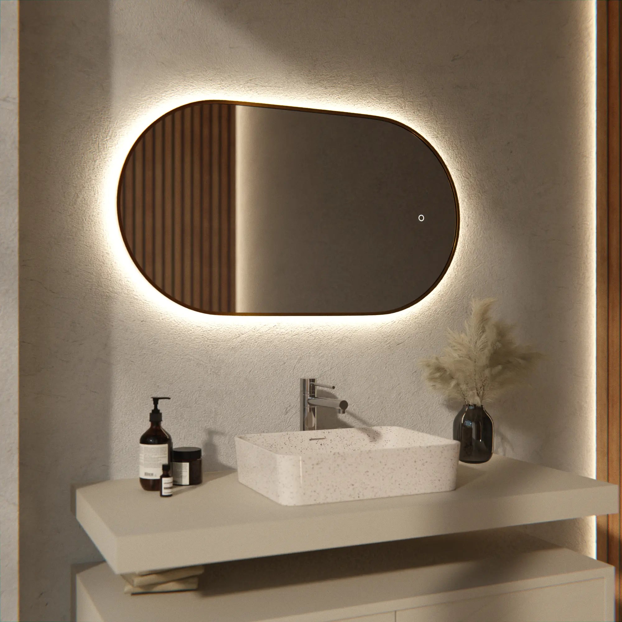 Ovaler Led-badezimmerspiegel 90 X 50 Cm Mit Goldrahmen – 3 Dimmbare Lichtmodi – Antibeschlagfunktion – Ip44 Wasserdicht Und Touch-bedienung – Rostbeständig