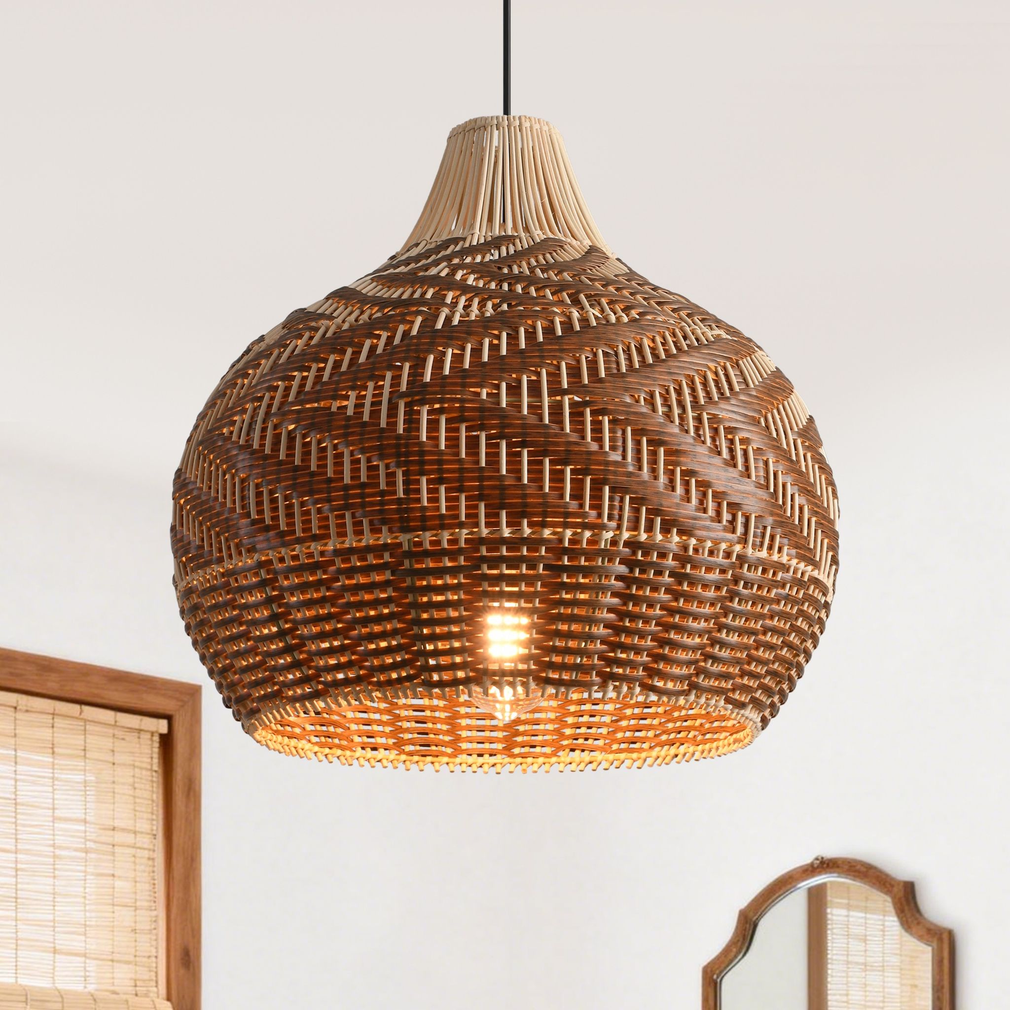 Parrot Uncle Pendelleuchte 48 Cm Durchmesser, Rattan Hängelampe Im Boho Stil, Zweifarbig Handgeflochtener Lampenschirm Mit E27 Für Wohnzimmer Esszimmer