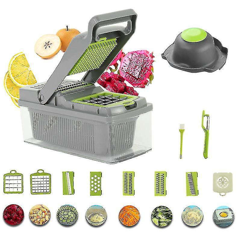 14-in-1 Gemüseschneider, Obst- Und Gemüseschäler, Gemüseschneider, Zerkleinerer, Gemüsehacker, Obstschneider, Gemüsehacker, Grau Und Grün