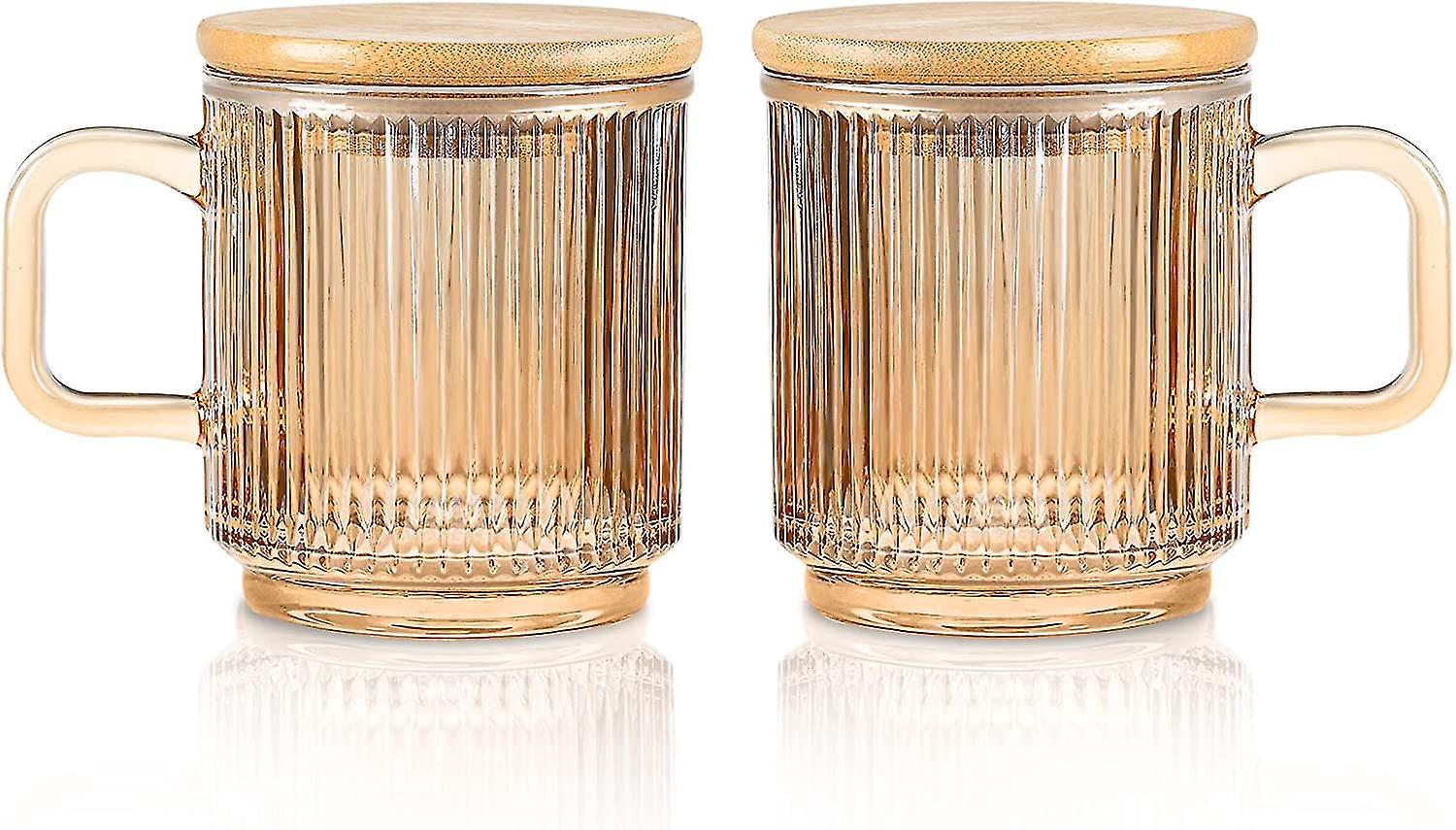 Set Aus 2 Schillernden Glaskaffeetassen, 340 Ml, Mit Deckel, Geriffelter Oberfläche, Braun