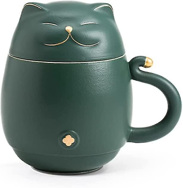Niedliche Katzen-teetasse Mit Siebeinsatz, Glückskatzen-kaffeetasse Mit Deckel, Keramiktasse Für Katzenliebhaber, 300 Ml (dunkelgrün)