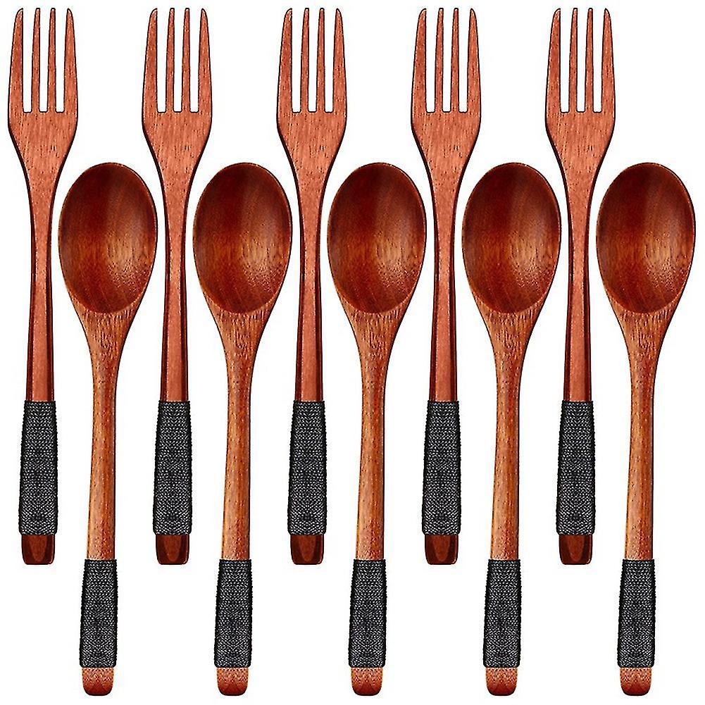 Set Aus Japanischen Holzlöffeln Und -gabeln, Wiederverwendbares Besteck (schwarze Kordeln, 10-teilig)