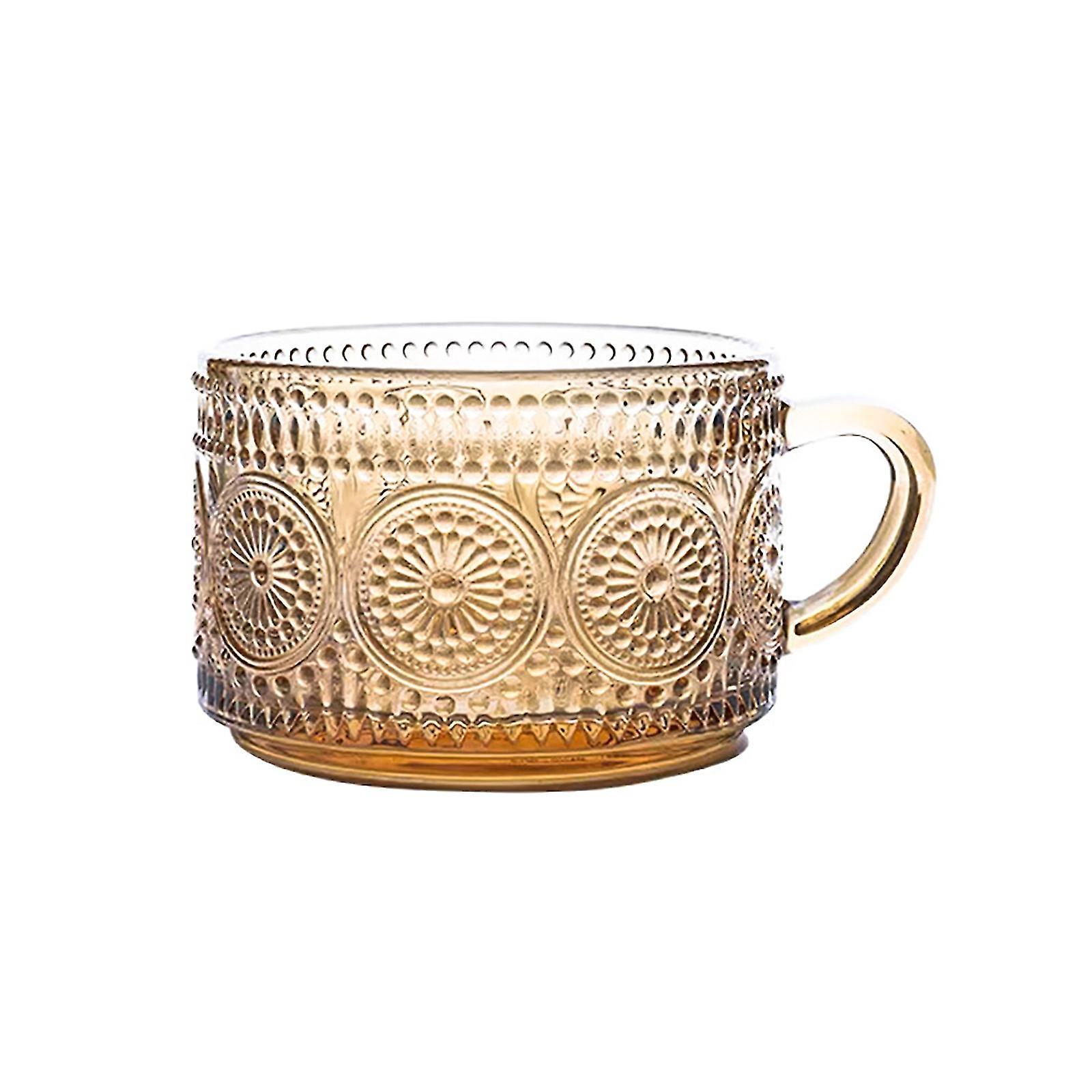 Vintage-kaffeebecher Aus Glas, 400 Ml (14/14,6 Oz), Klares, Geprägtes Glas Mit Henkel, Ideal Für Latte, Milch, Müsli Und Andere Getränke.