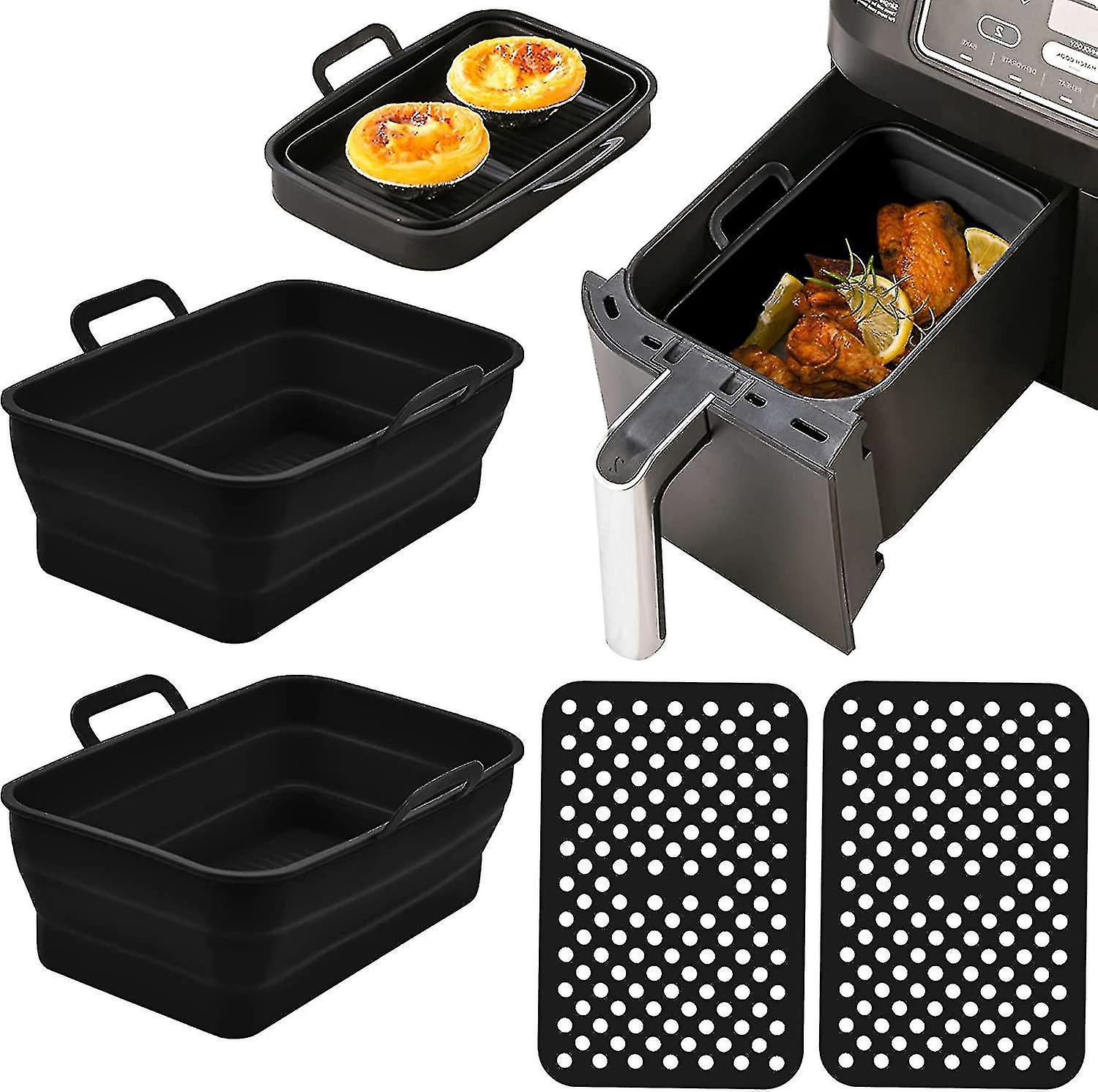 Set Mit 4 Faltbaren Doppel-silikonkörben Für Die Ninja Dual Heißluftfritteuse, Inklusive Wiederverwendbarer Silikon-kochmatte.