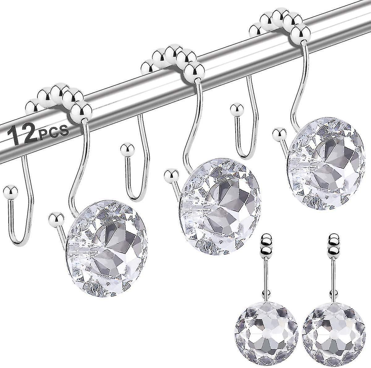 Set Mit 12 Duschvorhangringen Und -haken, Rostfreie, Verschiebbare Doppelhaken Mit Kristallstrasssteinen, Für Gardinenstangen, Vorhänge Und Futterstoffe.