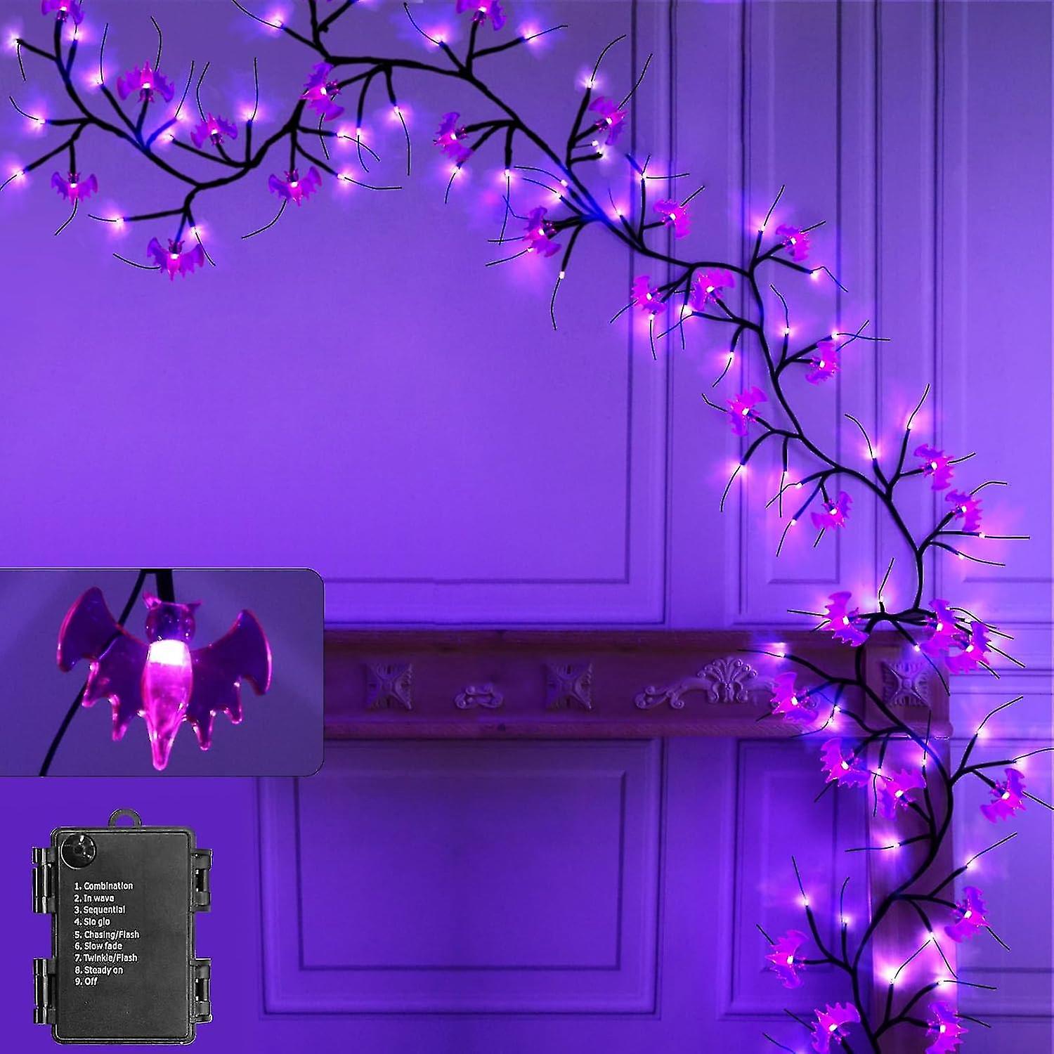 1,8 M Lange Halloween-girlande Mit 54 Leds, Weidenzweigen, Kürbissen, Orangefarbenen Lichtern, Wasserdicht, Batteriebetrieben, Lila