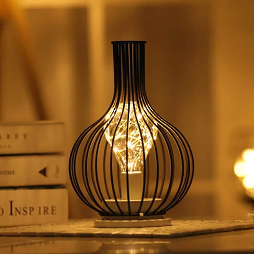 Schwarze Tischleuchte Aus Metalldraht, Modernes Nachtlicht Im Eisenkäfig-stil, Batteriebetriebene Retro-nachttischlampe Fürs Schlafzimmer