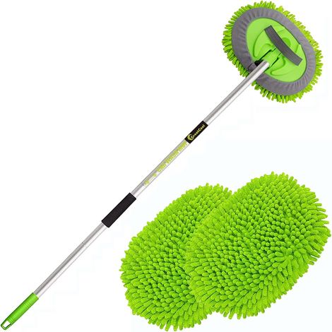 Autowaschbürsten-reinigungsset Mit Langem Stiel, 2-in-1 Chenille-mikrofaser-besenbürste Für Fahrzeuge, Autos, Lkws, Wohnwagen, Kratzfrei, Grün (2 X Moppköpfe)