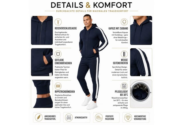 L.gonline Freizeitanzug Herren Jogginganzug zweifarbig sportlich mit Streifen, 526 (Kapuzenjacke mit Reißverschluss, Hose, 2-tlg), Fitness Freizeit Casual
