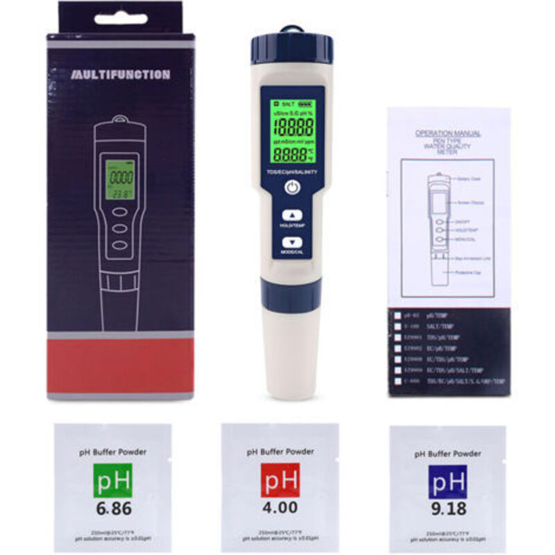 5-in-1 Elektronisches Ph-meter Mit Tds, Ec, Salzgehalt Und Temperatur, Hochpräzises Wasserdichtes Ip67 Mehrparameter-ph-testgerät, Ph- Und Salzgehalttester Für Poolwasser Mit Automatischer Temperaturk