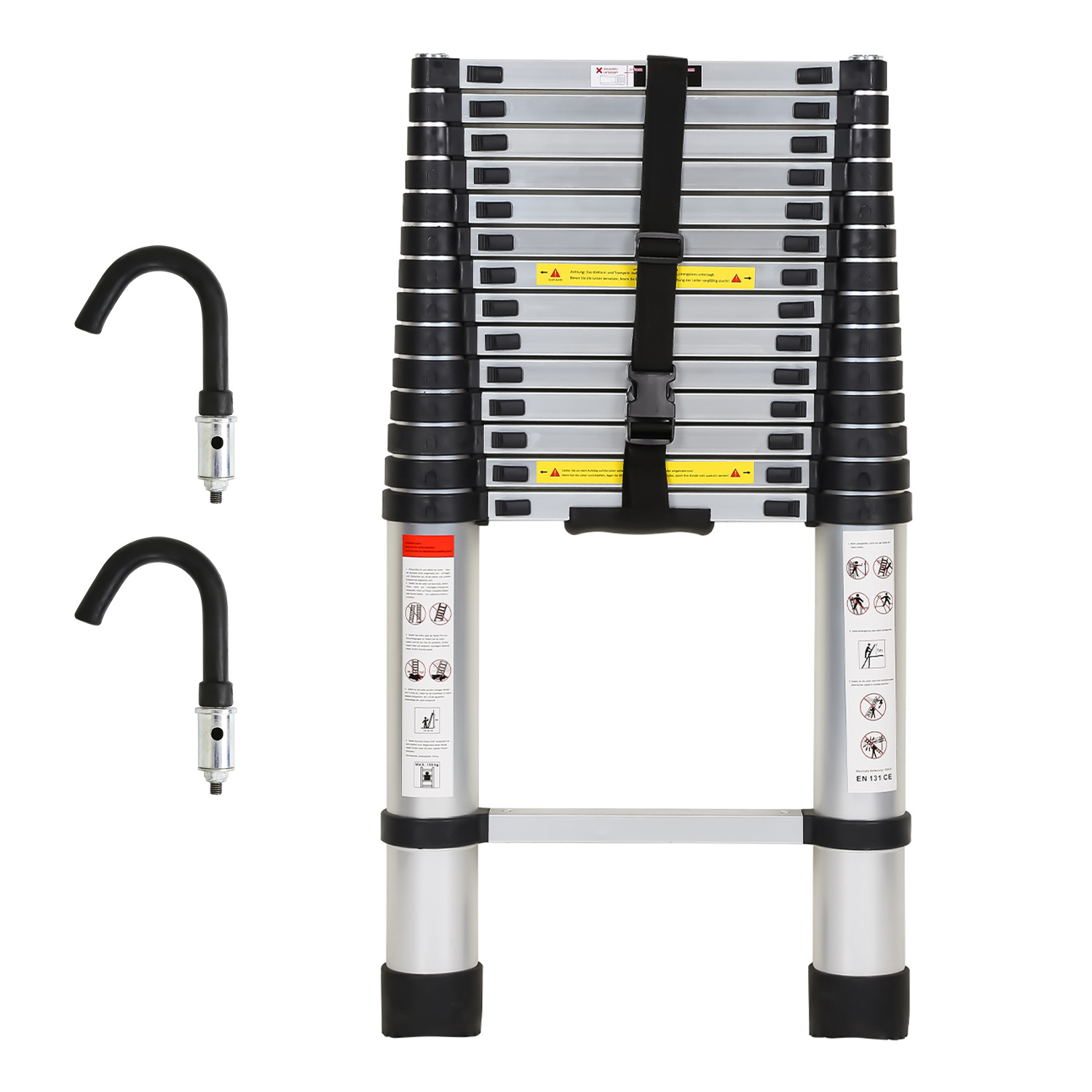 Tolletour Aluminium Teleskopleiter 4,4m Silber, Leiter Ausziehbar Mit Abnehmbaren Haken, Klappleiter, Mehrzweckleiter, Stehleiter, Haushaltsleiter, Außenleiter, 150 Kg Belastbarkeit