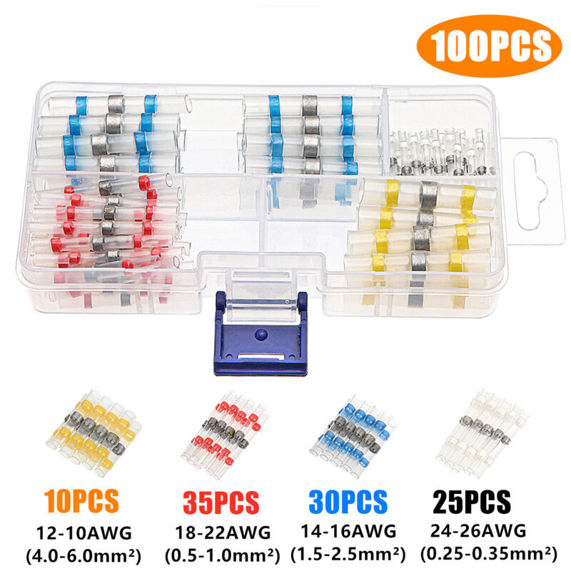 100 Isolierte Lötverbinder, 4 Größen, 26–10 Awg Stoßverbinder Mit Schrumpfschlauch, Elektrische Anschlüsse Für Autos Und Motorräder, Schrumpfverhältnis 3:1