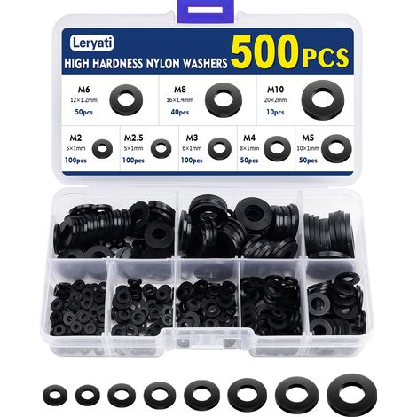 Apex 500 Stück Kunststoffscheiben, Leryati Schwarze Flache Nylonscheiben Isolierrunde Flachdichtung, Kunststoff-distanzring-o-ring-sortiment Für Sanitärinstallationen – M2/m2,5/m3/m4/m5/m6/m8/m10