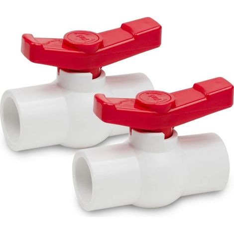 Zwei 20-mm-pvc-kugelhähne, Ein 90-grad-absperrventil Mit Griff Und Rohrverbindungsstücke.